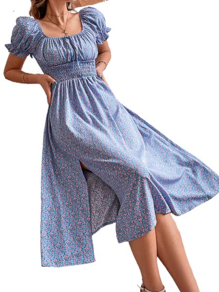 

ditsy floral print ruched bust shirred split thigh dress o3pi#, Black;gray