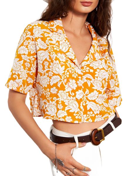 

allover floral print button front crop blouse u3jh#, White