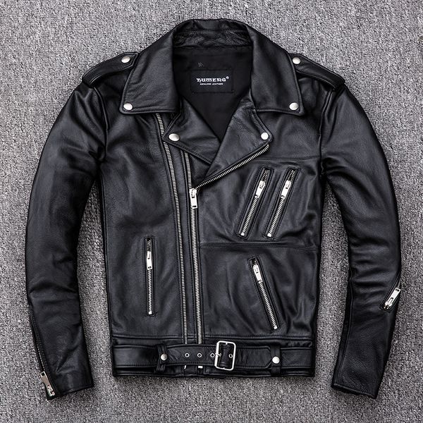 

men's leather faux leather motor biker leather coat plus size cowhide 220823, Black