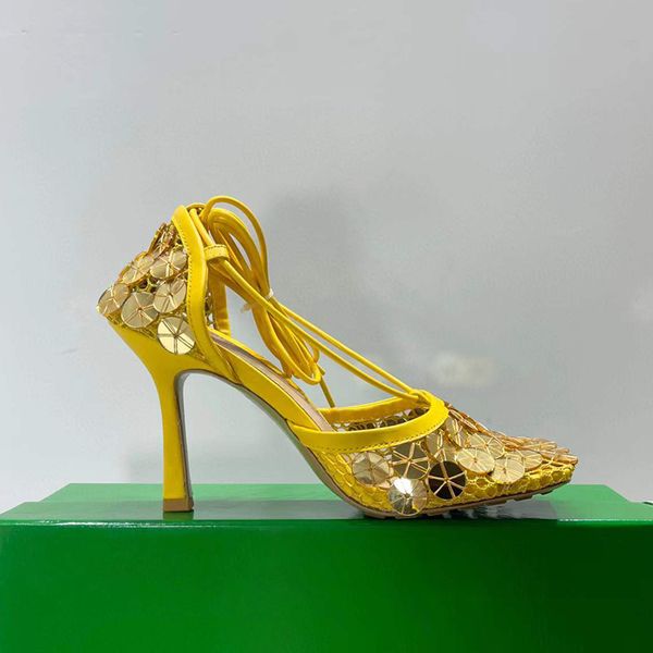 

the latest fashion high-heeled sandals yellow flash film reticular square toe strap spool heels women summer luxury designers shoes party he, Black