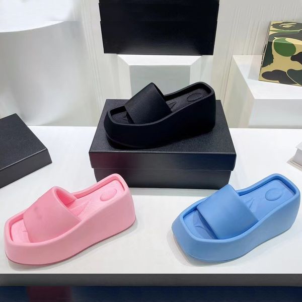 

2022 designer slippers fashion thick bottom sandals letter slides lady platform wedges sandal beach high heel with box size35-41, Black