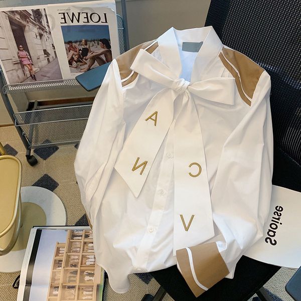 

women's polos designer bow long sleeved shirt women's spring and autumn loose fashion contrast color splicing coat hc9y, White