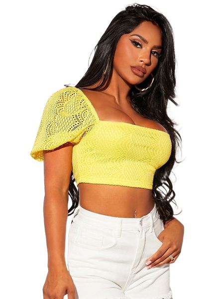 

square neck hollow out crop h1iw#, White