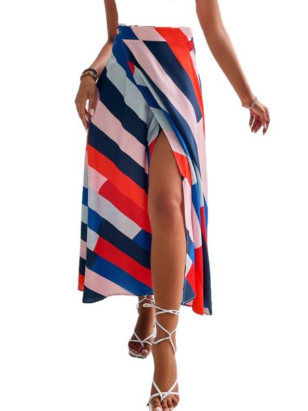 

block striped wrap skirt m27l#, Black