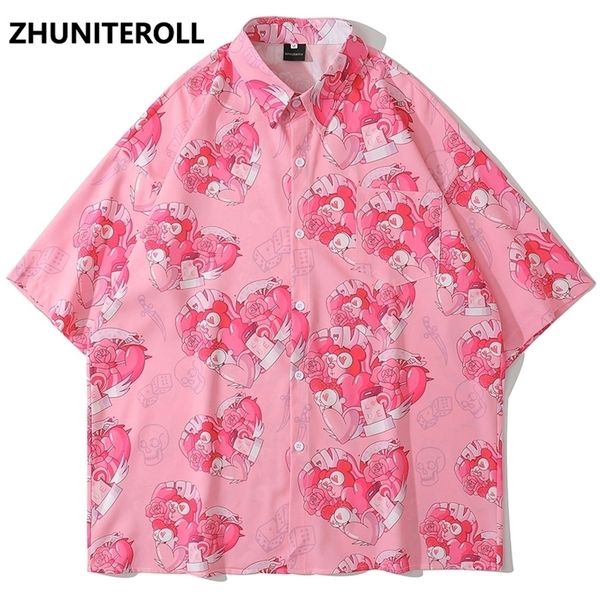 

cartoon heart bear print summer harajuku hawaiian blouse hip hop streetwear short sleeve vintage shirts fashion casual men 220322, White;black