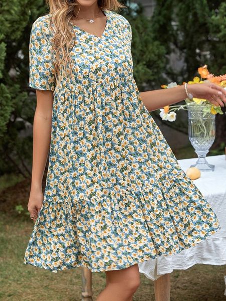

floral ruffle hem smock dress l9zo#, Black;gray