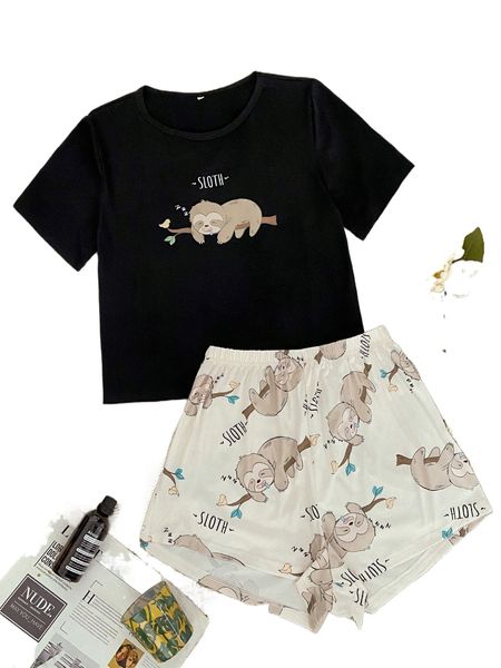 

cartoon sloth and letter graphic pj set j7vy#, Black;red