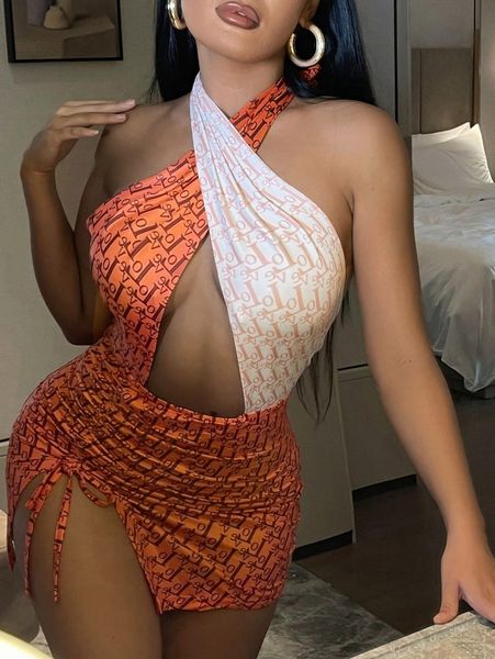 

sxy allover letter print tie back split thigh dress v1b9#, Black;gray