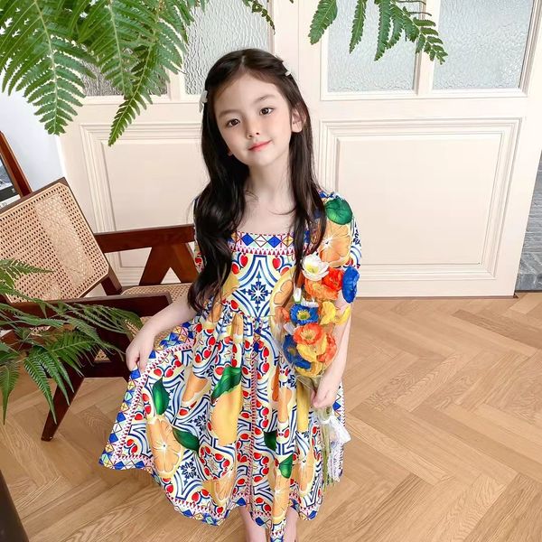 

flower summer lemon dresses kid girl wedding style clothes set 90-160cm fashion designer boutique cloth wholesale popular 2022, Red;yellow