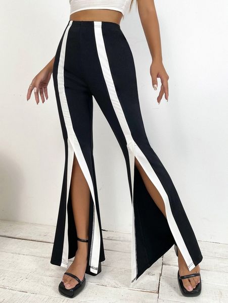 

colorblock slit hem flare leg pants s35z#, Black;white