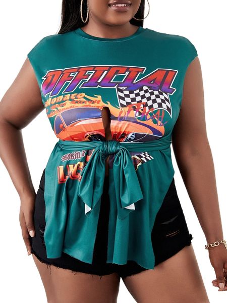 

sxy plus car & slogan print tie front tee l3do#, Black