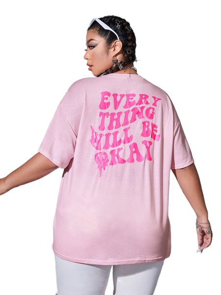 

plus slogan print drop shoulder tee x7bf#, Black