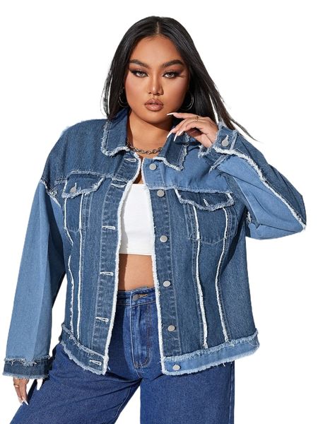 

plus raw trim drop shoulder denim jacket m7lu#, Black;brown