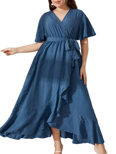 

plus butterfly sleeve ruffle trim wrap belted dress y5x2#, Black