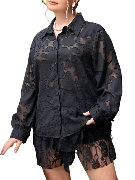 

plus floral jacquard mesh shirt without corset f4mn#, Black