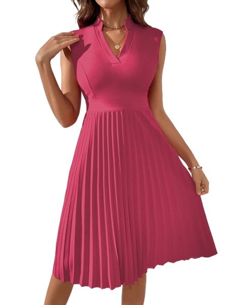 

solid pleated notched a-line dress 4460#, Black;gray