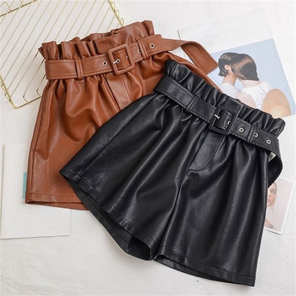 

women faux leather shorts vintage high waist female all match solid color loose casual 220630, White;black
