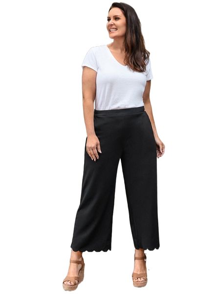 

emery rose plus scallop trim wide leg pants e62v#, Black