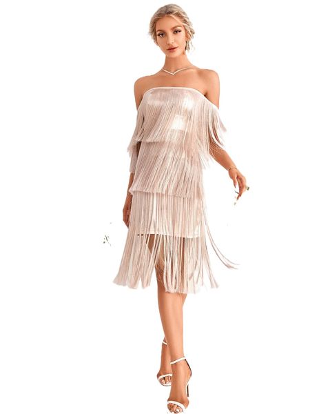 

off shoulder satin fringe detail layered dress e1of#, Black;gray