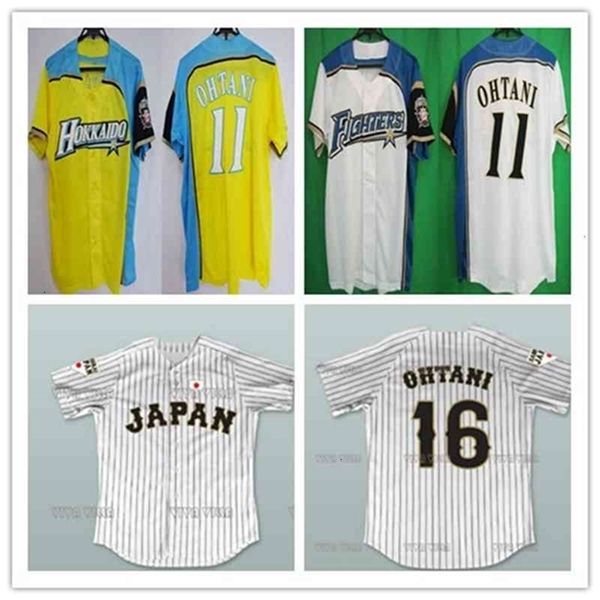 Chen37 Custom 11 Shohei Otani Hokkaido Nippon-Ham Fighters Jerseys Желто-голубые белые полоски, японские самурай 16 Шохей отани бейсбольные рубашки дешевые