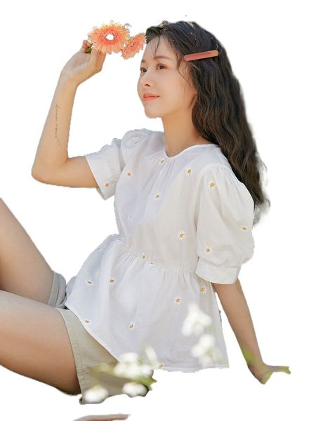 

dazy floral embroidery puff sleeve peplum blouse a7mn#, White