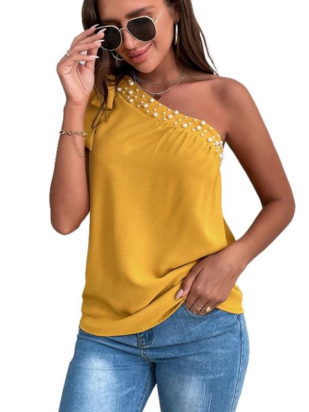 

pearl beaded knot detail one shoulder e7um#, White