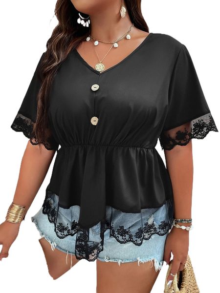 

plus contrast embroidery mesh peplum blouse 98lg#, Black