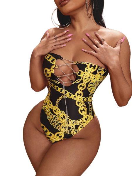 

chain print chain decor bandeau one piece swimsuit y968#, White;black