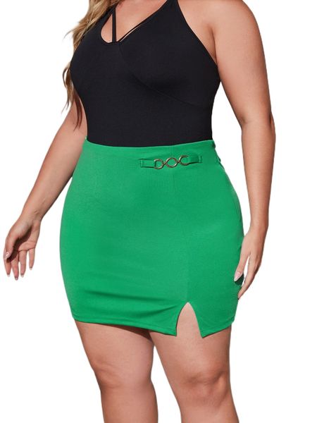 

plus chain detail split hem skirt f1br#, Black
