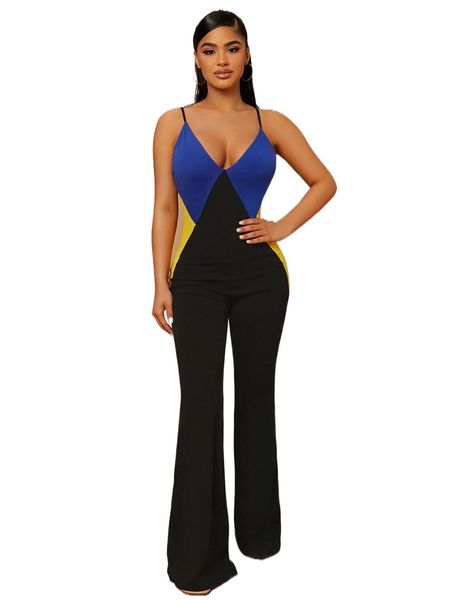 

sxy color block flare leg jumpsuit l8yn#, Black;white