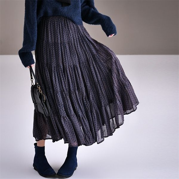 

micoco q2530 korean version of foreign gas broken flower chiffon pleated skirt temperament elastic waist qiu dong female 220322, Black