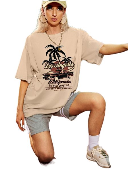 

letter & car print drop shoulder tee v88i#, White