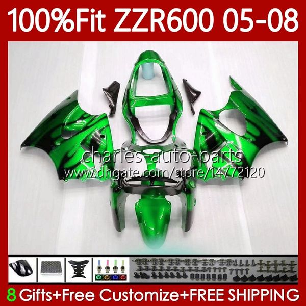 Grüne Flammen, 100 % passende Verkleidungen für KAWASAKI NINJA 600CC ZZR-600 600 CC 2005–2008 Karosserie 134Nr