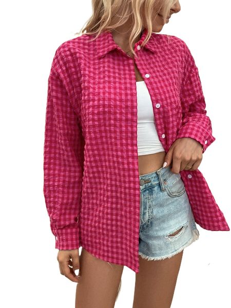 

gingham print drop shoulder shirt 83me#, White