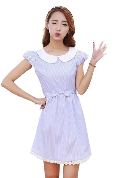 

women's fresh doll collar short sleeve dress j364#, Black;gray