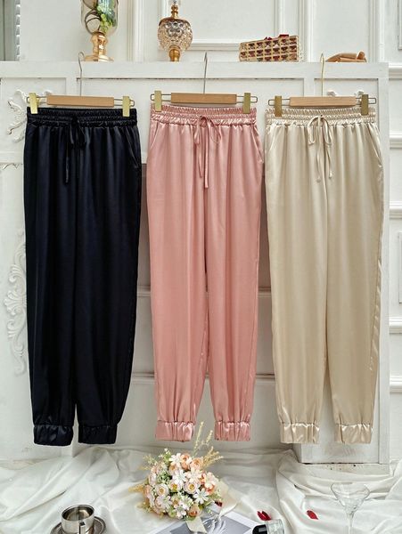 

3pcs knot front satin sleep pants 79zz#, Black;red