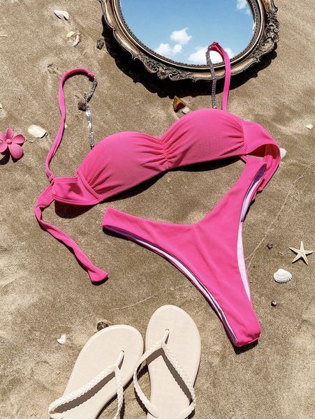 

rib ruched bikini swimsuit t52d#, White;black