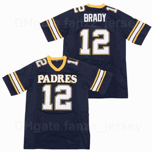 Movie Tom Brady High School Football Jersey 12 Junipero Serra Padres Blu navy Team Color Puro cotone traspirante Ricamo e cucito Qualità eccellente In vendita