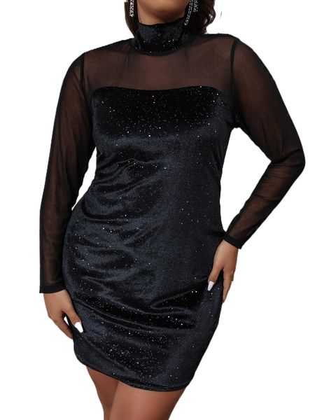 

plus mesh insert high neck velvet bodycon dress m5nh#, Black