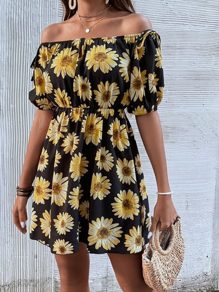 

allover floral print off shoulder cutout a-line dress o5co#, Black;gray