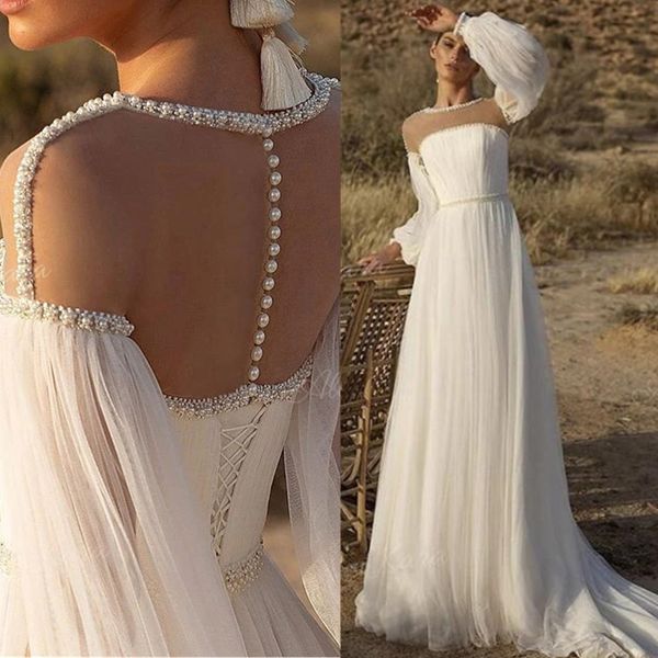 

boho beaded wedding dress 2022 romantic long sleeve a-line court train bridal gown princess vestido de novia, White