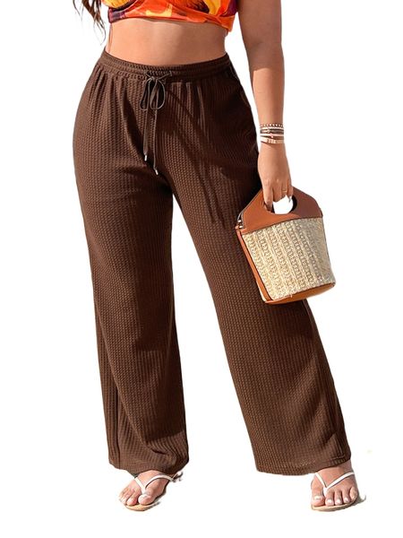

plus drawstring waist waffle knit wide leg pants j7pu#, Black