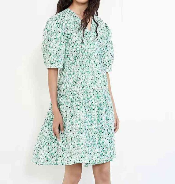 

casual dresses rongxin summer style temperament v neck waist green printed bubble sleeve floral dress, Black;gray