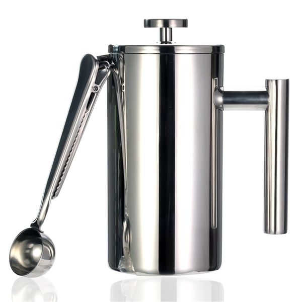 La migliore caffettiera French Press - Acciaio inossidabile 304 a doppia parete - Mantiene caldo il caffè o il tè preparato - 3 dimensioni con clip di tenuta / Cucchiaio T200523