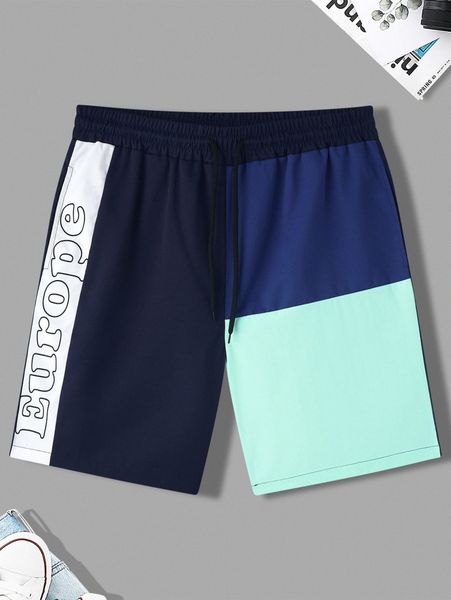 

men letter graphic colorblock drawstring waist shorts 334x#, White;black