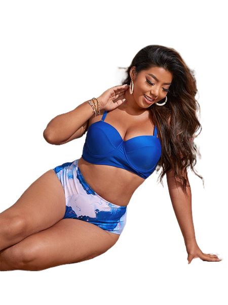 

plus marble print push up high waist bikini swimsuit h2bx#, White;black