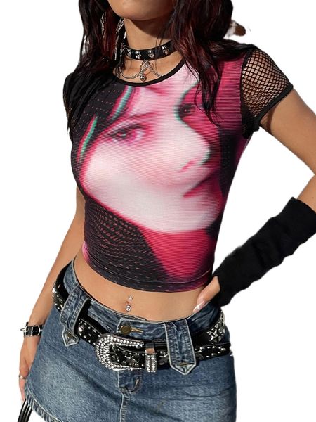 

figure graphic fishnet insert crop tee 84iv#, White