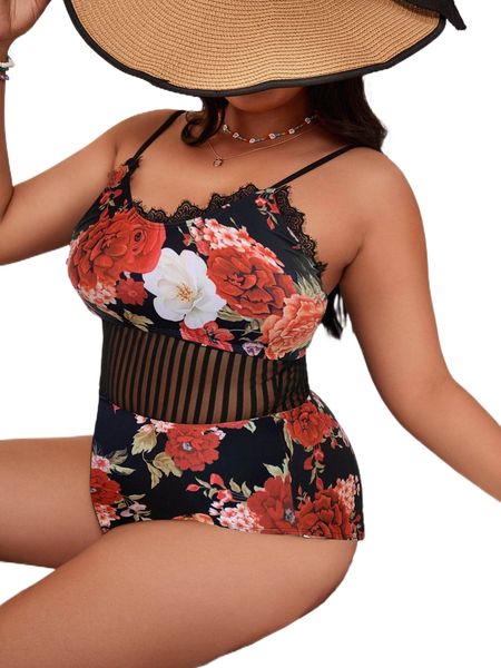

plus floral print lace trim mesh insert one piece swimsuit 68dc#, White;black