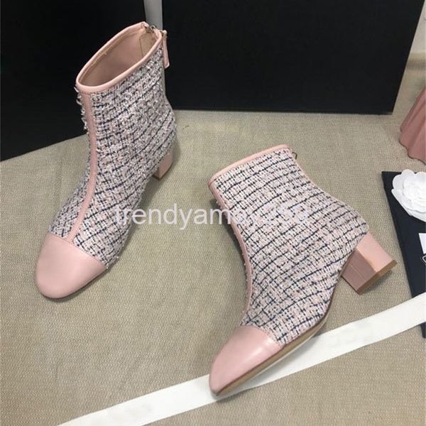 

boots autumn and winter color matching woolen short boots women's leather thick martin back zipper shoes, Black