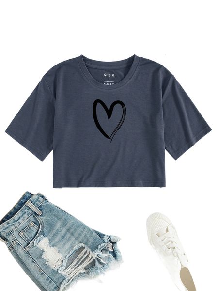 

heart print round neck tee k05j#, White
